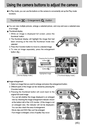 Page 4545
Using the camera buttons to adjust the camera
In Play mode, you can use the buttons on the camera to conveniently set up the Play mode
functions.
Image enlargement
1. Select an image that you want to enlarge and press the enlargement button.
2. Different parts of the image can be viewed by pressing the
5 function button.
3. Pressing the thumbnail button will zoom back to the
original full sized image.
- You can tell whether the image displayed is an enlarged
view by checking the image enlargement...