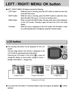 Page 4848
LEFT / RIGHT/ MENU/ OK button
LEFT / RIGHT/ MENU/ OK buttons activate the following.
- LEFT button : While the menu is showing, press the LEFT button to select the menu tab
to the left of the cursor.
- RIGHT button : While the menu is showing, press the RIGHT button to select the menu
tab to the right of the cursor, or to move an auxiliary menu.
- MENU button : When you press the MENU button, the play mode menu will be displayed
on the LCD monitor. Pressing it again will return the LCD to the initial...