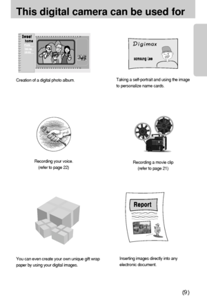 Page 99
This digital camera can be used for
Inserting images directly into any
electronic document. Taking a self-portrait and using the image
to personalize name cards.
You can even create your own unique gift wrap
paper by using your digital images. Creation of a digital photo album.
Recording your voice.
(refer to page 22)Recording a movie clip 
(refer to page 21)
Downloaded From camera-usermanual.com Samsung Manuals 