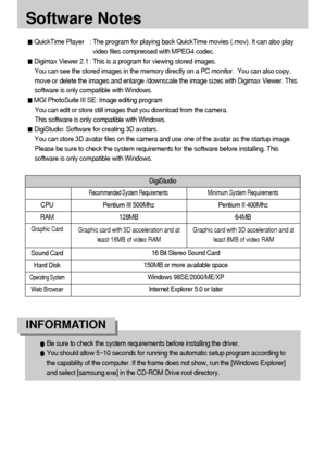 Page 9494
Software Notes
QuickTime Player : The program for playing back QuickTime movies (.mov). It can also play
video files compressed with MPEG4 codec.
Digimax Viewer 2.1 : This is a program for viewing stored images.
You can see the stored images in the memory directly on a PC monitor.  You can also copy,
move or delete the images and enlarge /downscale the image sizes with Digimax Viewer. This
software is only compatible with Windows.
MGI PhotoSuite III SE: Image editing program
You can edit or store...