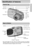 Page 1111
Identification of features
Front & Top
Back & Bottom
Mode switch
Viewfinder
Auto Focus
lamp
Microphone
Strap eyeletSpeaker
Lens
Power button 
Flash
Shutter button
Function lamp
LCD
monitor ViewfinderCamera status lamp
WIDE/THUMBNAIL button
TELE/Digital zoom button
+&-/ DELETE button
USB/ AV 
connection terminal
DC input
connection point
Tripod socket LCD button
PLAY mode
button
* When using the digital zoom to take a picture, the composition of the picture may be different
depending on whether you are...