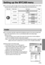 Page 7373
Setting up the MYCAM menu
You can set up a start up image, start up sound, shutter sound and AVATAR. Every camera
working mode (with the exception of Voice recording mode) has the MyCAM menu.
Avatar
You can transfer avatar files created with the DigiStudio program to the camera and play them
back in Play mode (SUCAxxxx.mov) or use the desired avatar as the startup image
(SAVAxxxx.mov).
- In order to be able to save an avatar to the camera, the camera driver must be installed on
your PC. For...