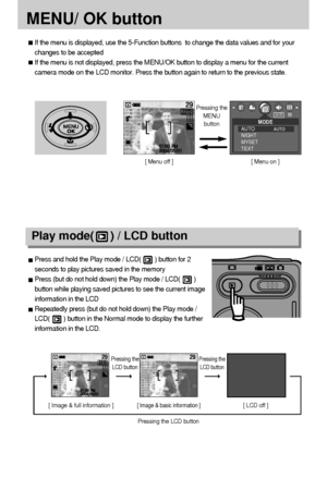 Page 3030
MENU/ OK button 
If the menu is displayed, use the 5-Function buttons  to change the data values and for your
changes to be accepted
If the menu is not displayed, press the MENU/OK button to display a menu for the current
camera mode on the LCD monitor. Press the button again to return to the previous state.
[ Menu on ] [ Menu off ]
Pressing the
MENU
button
Play mode(     ) / LCD button
Press and hold the Play mode / LCD(        ) button for 2
seconds to play pictures saved in the memory
Press (but do...