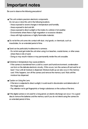 Page 6666
Important notes
Be sure to observe the following precautions!
This unit contains precision electronic components. 
Do not use or store this unit in the following locations.
- Areas exposed to severe changes in temperature and humidity.
- Areas exposed to dust and dirt.
- Areas exposed to direct sunlight or the inside of a vehicle in hot weather.
- Environments where there is high magnetism or excessive vibration.
- Areas with high explosives or highly flammable materials.
Do not let the unit come into...