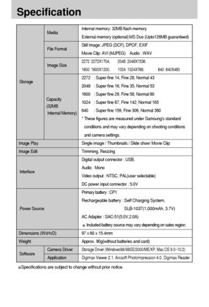 Page 7272
Specification
Internal memory: 32MB flash memory
External memory (optional):MS Duo (Upto128MB guaranteed) 
Still Image: JPEG (DCF), DPOF, EXIF
Movie Clip: AVI (MJPEG)    Audio : WAV
2272: 2272X1704, 2048: 2048X1536,
1600: 1600X1200, 1024: 1024X768, 640: 640X480 
2272 : Super fine 14, Fine 28, Normal 43
2048 : Super fine 16, Fine 35, Normal 53
1600 : Super fine 29, Fine 58, Normal 80
1024 : Super fine 67, Fine 142, Normal 165
640 : Super fine 159, Fine 306, Normal 360
* These figures are measured under...