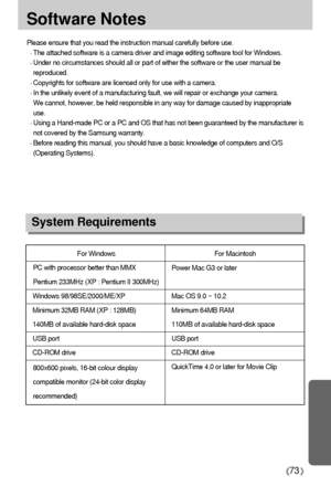 Page 7373
Software Notes
Please ensure that you read the instruction manual carefully before use.
The attached software is a camera driver and image editing software tool for Windows.
Under no circumstances should all or part of either the software or the user manual be
reproduced.
Copyrights for software are licensed only for use with a camera.
In the unlikely event of a manufacturing fault, we will repair or exchange your camera. 
We cannot, however, be held responsible in any way for damage caused by...