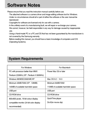 Page 104104
Software Notes
Please ensure that you read the instruction manual carefully before use.
The attached software is a camera driver and image editing software tool for Windows.
Under no circumstances should all or part of either the software or the user manual be
reproduced.
Copyrights for software are licensed only for use with a camera.
In the unlikely event of a manufacturing fault, we will repair or exchange your camera. 
We cannot, however, be held responsible in any way for damage caused by...