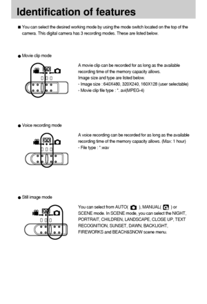 Page 1212
Identification of features
Still image mode
You can select from AUTO(          ), MANUAL(         ) or
SCENE mode. In SCENE mode, you can select the NIGHT,
PORTRAIT, CHILDREN, LANDSCAPE, CLOSE UP, TEXT
RECOGNITION, SUNSET, DAWN, BACKLIGHT,
FIREWORKS and BEACH&SNOW scene menu.
Voice recording modeA movie clip can be recorded for as long as the available
recording time of the memory capacity allows.
Image size and type are listed below.
- Image size : 640X480, 320X240, 160X128 (user selectable)  
-...
