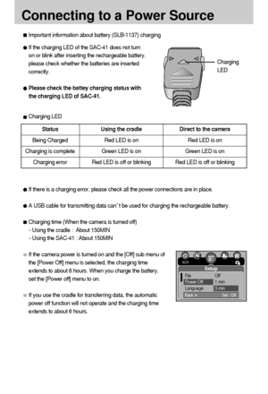 Page 1616
Connecting to a Power Source
If the charging LED of the SAC-41 does not turn
on or blink after inserting the rechargeable battery,
please check whether the batteries are inserted
correctly.
Please check the battey charging status with
the charging LED of SAC-41. 
Important information about battery (SLB-1137) charging
Charging LED
If there is a charging error, please check all the power connections are in place.
A USB cable for transmitting data cant be used for charging the rechargeable battery....