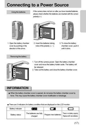 Page 1717
Connecting to a Power Source
Using the batteries: If the camera does not turn on after you have inserted batteries,
please check whether the batteries are inserted with the correct
polarity(+/-).
1. Open the battery chamber
cover by pushing in the
direction of the arrow.2. Insert the batteries taking
note of the polarity (+ / -).3. To close the battery
chamber cover, push it
until it clicks.
Battery status Battery indicator
The batteries are fully
chargedPrepare new batteriesThere is no battery...