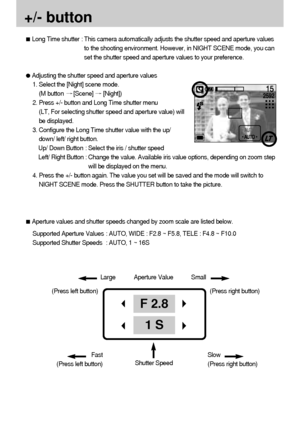 Page 4242
+/- button
Long Time shutter : This camera automatically adjusts the shutter speed and aperture values
to the shooting environment. However, in NIGHT SCENE mode, you can
set the shutter speed and aperture values to your preference.
Adjusting the shutter speed and aperture values
1. Select the [Night] scene mode. 
(M button 
[Scene] [Night])
2. Press +/- button and Long Time shutter menu
(LT, For selecting shutter speed and aperture value) will
be displayed.
3. Configure the Long Time shutter value...