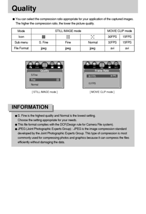 Page 4848
Quality
You can select the compression ratio appropriate for your application of the captured images.
The higher the compression ratio, the lower the picture quality.
Mode   
Icon 30FPS 15FPS
Sub menu S. Fine Fine Normal30FPS   15FPS
File Format jpeg jpeg jpeg avi avi 
STILL IMAGE mode MOVIE CLIP mode
S. Fine is the highest quality and Normal is the lowest setting.
Choose the setting appropriate for your needs.
This file format complies with the DCF(Design rule for Camera File system).
JPEG (Joint...