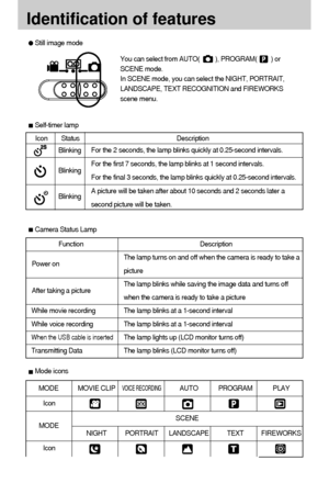 Page 1212
Identification of features
Still image mode
You can select from AUTO(         ), PROGRAM(        ) or
SCENE mode. 
In SCENE mode, you can select the NIGHT, PORTRAIT,
LANDSCAPE, TEXT RECOGNITION and FIREWORKS
scene menu.
Self-timer lamp
Icon Status Description
For the 2 seconds, the lamp blinks quickly at 0.25-second intervals.
For the first 7 seconds, the lamp blinks at 1 second intervals.
For the final 3 seconds, the lamp blinks quickly at 0.25-second intervals.
A picture will be taken after about 10...