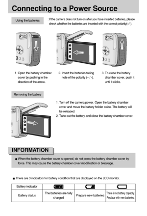 Page 1414
Connecting to a Power Source
Using the batteries
Battery status Battery indicator
The batteries are fully
chargedPrepare new batteriesThere is no battery capacity.
Replace with new batteries.
There are 3 indicators for battery condition that are displayed on the LCD monitor.
Removing the battery
1. Turn off the camera power. Open the battery chamber
cover and move the battery holder aside. The battery will
be released.
2. Take out the battery and close the battery chamber cover. : 
If the camera does...