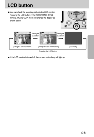 Page 3333
LCD button
[ Image & full information ] [ Image & basic information ] [ LCD off ]
You can check the recording status in the LCD monitor.
Pressing the LCD button in the RECORDING (STILL
IMAGE, MOVIE CLIP) mode will change the display as
shown below.
If the LCD monitor is turned off, the camera status lamp will light up.
Pressing the
LCD buttonPressing the
LCD button
Pressing the LCD button
Downloaded From camera-usermanual.com Samsung Manuals 