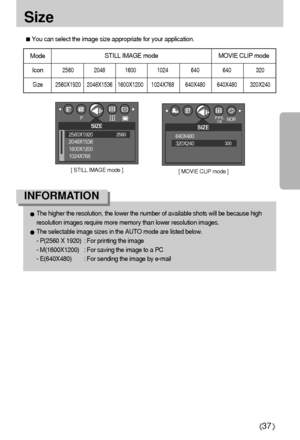 Page 3737
Size
You can select the image size appropriate for your application.
The higher the resolution, the lower the number of available shots will be because high
resolution images require more memory than lower resolution images.
The selectable image sizes in the AUTO mode are listed below.
- P(2560 X 1920) : For printing the image
- M(1600X1200) : For saving the image to a PC
- E(640X480) : For sending the image by e-mail
INFORMATION
SIZE
2560X1920
2048X1536
1600X1200
1024X768
P
[ STILL IMAGE mode ]
SIZE...