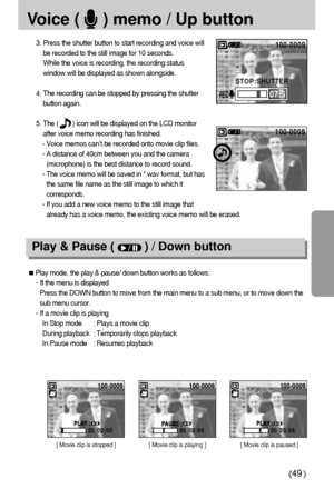 Page 4949
Voice (     ) memo / Up button
3. Press the shutter button to start recording and voice will
be recorded to the still image for 10 seconds. 
While the voice is recording, the recording status
window will be displayed as shown alongside.
4. The recording can be stopped by pressing the shutter
button again.
5. The (        ) icon will be displayed on the LCD monitor
after voice memo recording has finished. 
- Voice memos can’t be recorded onto movie clip files.
- A distance of 40cm between you and the...