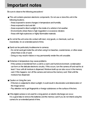 Page 8080
Important notes
Be sure to observe the following precautions!
This unit contains precision electronic components. Do not use or store this unit in the
following locations.
- Areas exposed to severe changes in temperature and humidity.
- Areas exposed to dust and dirt.
- Areas exposed to direct sunlight or the inside of a vehicle in hot weather.
- Environments where there is high magnetism or excessive vibration.
- Areas with high explosives or highly flammable materials.
Do not let the unit come into...