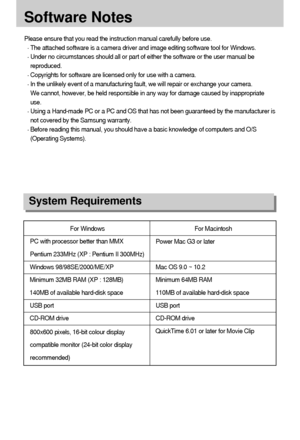 Page 8888
Software Notes
Please ensure that you read the instruction manual carefully before use.
The attached software is a camera driver and image editing software tool for Windows.
Under no circumstances should all or part of either the software or the user manual be
reproduced.
Copyrights for software are licensed only for use with a camera.
In the unlikely event of a manufacturing fault, we will repair or exchange your camera. 
We cannot, however, be held responsible in any way for damage caused by...