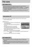 Page 7070
File name
The first stored folder name is 100SSCAM, and the first file name is SUC50001.
File names are assigned sequentially from SUC50001SUC50002 ~  SUC59999.
The folder number is assigned sequentially from 100 to 999 as follows: 100SSCAM
101SSCAM ~ 999SSCAM.
The files used with the memory card conform to the DCF(Design rule for Camera File
systems) format.
INFORMATION
Even if the batteries are removed and inserted again, the power off setting will be
preserved.
Note that the automatic power off...