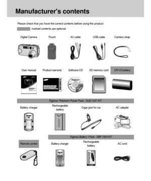 Page 1212
Please check that you have the correct contents before using this product. 
Manufacturers contents
marked contents are optional.
Digimax Premium Power Pack : SLB-1437 KIT
Digimax Battery I-Pack : SBP-1303 KIT
Digital CameraPouchAV cableUSB cableCamera strap
User manual
Product warrantySoftware CDSD memory cardCR-V3 battery
Rechargeable
batteryBattery chargerCigar jack for carAC adapter
Remote controlBattery chargerRechargeable
batteryAC cord
Downloaded From camera-usermanual.com Samsung Manuals 