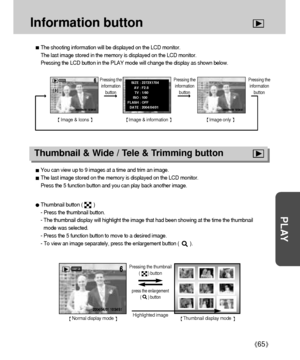 Page 6565
PLAY
You can view up to 9 images at a time and trim an image.
The last image stored on the memory is displayed on the LCD monitor.
Press the 5 function button and you can play back another image.
Thumbnail button (        )
- Press the thumbnail button.
- The thumbnail display will highlight the image that had been showing at the time the thumbnail
mode was selected.
- Press the 5 function button to move to a desired image.
- To view an image separately, press the enlargement button (        )....