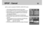 Page 7878
DPOF : Cancel
This is used for canceling the STANDARD or INDEX DPOF function.
1. Press the play mode button and press the menu button.
2. 
Press the DOWN button and the cursor will be shifted to the main menu.
3. Select the [DEL. ALL] menu by pressing the UP/DOWN button.
4. Press the DOWN button on the [DEL. ALL] menu and the next
menu page will be displayed.
5. Select [CANCEL] menu by pressing the UP/DOWN button.
6. Press the RIGHT button and the cursor will shift to the [CANCEL]
sub menu.
7. Select...