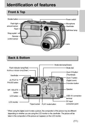 Page 1111
Identification of features
Front & Top
Back & Bottom
* When using the digital zoom to take a picture, the composition of the picture may be different
depending on whether you are using the LCD monitor or the viewfinder. The picture will be
taken in the composition of the picture as it appears on the LCD monitor.
Viewfinder
Autofocus indicator lamp(Green)
Flash indicator lamp(Red)
Mode dial Mode dial lamp(Green)
Zoom W button
(Thumbnail)
5-function button Zoom T button
(Digital zoom)
Speaker
LCD...