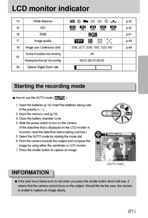 Page 2121
LCD monitor indicator
14 White Balance p.4215 ISO p.4216 RGB p.4117 Image quality p.4918
Image size/ Continuous shot
2560, 2272, 2048, 1600, 1024, 640
p.48
Number of available shots remaining
28
Remaining time (Movie clip/ Voice recording)
00:01:30/ 01:00:00
20
Optical/ Digital Zoom rate
Starting the recording mode1. Insert the batteries.(p.16) Insert the batteries taking note
of the polarity (+ / -).
2. Insert the memory card (p.19).
3. Close the battery chamber cover.
4. Slide the power switch to...