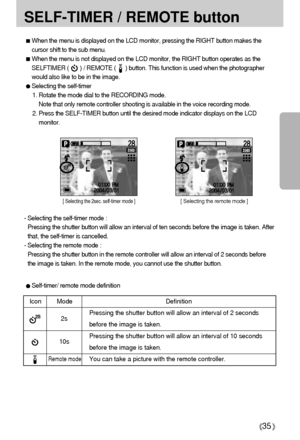 Page 3535
SELF-TIMER / REMOTE buttonWhen the menu is displayed on the LCD monitor, pressing the RIGHT button makes the
cursor shift to the sub menu.When the menu is not displayed on the LCD monitor, the RIGHT button operates as the
SELFTIMER (       ) / REMOTE (      ) button. This function is used when the photographer
would also like to be in the image.Selecting the self-timer
1. Rotate the mode dial to the RECORDING mode.
Note that only remote controller shooting is available in the voice recording mode.
2....