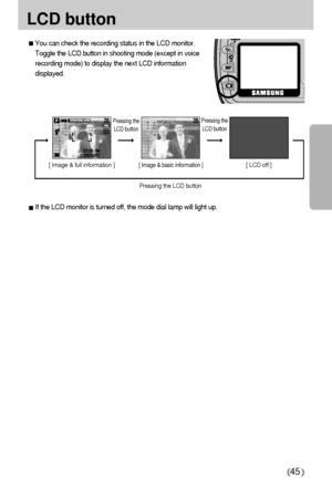 Page 4545
LCD button
[ Image & full information ]
[ Image & basic information ]
[ LCD off ]
You can check the recording status in the LCD monitor. 
Toggle the LCD button in shooting mode (except in voice
recording mode) to display the next LCD information
displayed.If the LCD monitor is turned off, the mode dial lamp will light up.
Pressing the
LCD buttonPressing the
LCD button
Pressing the LCD button
Downloaded From camera-usermanual.com Samsung Manuals 