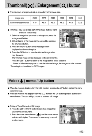 Page 5959
Thumbnail(      ) / Enlargement(      ) button 
The maximum enlargement rate in proportion to the image size.
Trimming : You can extract part of the image that you want
and save it separately.
1. Select an image that you want to enlarge and press the
enlargement button.
2. Different parts of the image can be viewed by pressing
the 5 function button.
3. Press the MENU button and a message will be
displayed as shown alongside.
4. Press the OK button to save the trimmed image with a
new file name. 
The...