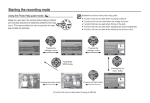 Page 1918_RECORDING
Starting the recording mode
Using the Photo Help guide mode ( ` ) 
Helps the user learn the correct picture taking method 
and includes solutions for potential problems that may 
occur. This also enables the user to practice the best 
way to take the pictures.
Available functions of the photo help guide
Function that can be used when focusing is difﬁ cultFunctions that can be used when the image is blurredFunction that can be used when ﬁ lming in the darkFunction that can be used when...