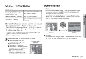 Page 3202 RECORDING
31RECORDING_

The Motion Timer ﬂ ows are as followings. (Movie Clip mode excluded)
Selecting the Motion Timer $
 Pressing the Shutter button $
Conﬁ rming the composition (Within 6 sec.)
*1$
 Starting the detection 
(Swing your hands fully)*2$
 Stopping the detection (Do not move) 
$
 Taking an image (after 2 sec.)
*1: The camera detects the subjects movement 6 seconds after pressing the Shtter 
button, so conﬁ rm the composition within 6 seconds.
*2: Move your body or hands fully.
In the...