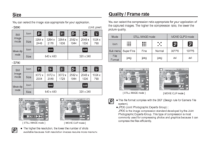 Page 3534_RECORDING
The higher the resolution, the lower the number of shots 
available because high resolution images require more memory.
Thisﬁ le format complies with the DCF (Design rule for Camera File 
system).
JPEG (Joint Photographic Experts Group) : 
JPEG is the image compression standard developed by the Joint 
Photographic Experts Group. This type of compression is most 
commonly used for compressing photos and graphics because it can 
compress the ﬁ les efﬁ ciently.
SizeQuality / Frame rate
You...
