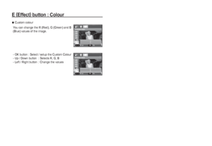 Page 5958_
PLAY
E(
Effect)
 button : Colour
  - OK button :  Select / setup the Custom Colour
  - Up / Down button  : Selects R, G, B
  - Left / Right button  : Change the values 
Custom colour 
You can change the R (Red), G (Green) and B 
(Blue) values of the image. Custom Color
Move SetOK
Custom Color
Move SetOK
Downloaded From camera-usermanual.com Samsung Manuals 