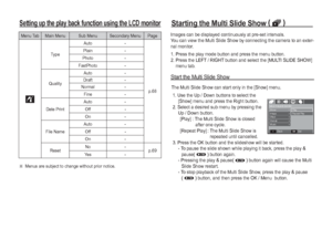 Page 6160_
PLAY
Setting up the play back function using the LCD monitor
ÄMenus are subject to change without prior notice.
Menu Tab Main Menu Sub Menu Secondary Menu Page
❹
Ty p eAuto -
p.68
Plain -
Photo -
FastPhoto -
QualityAuto -
Draft -
Normal -
Fine -
Date PrintAuto -
Off -
On -
File NameAuto -
Off -
On -
ResetNo -
p.69Ye s -
Starting the Multi Slide Show (❸
 )
Images can be displayed continuously at pre-set intervals.
You can view the Multi Slide Show by connecting the camera to an exter-
nal monitor.
1....