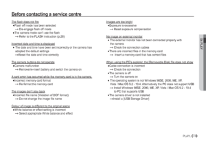 Page 7404 PLAY
73PLAY_
Before contacting a service centre
The flash does not fire

Flash off mode has been selected
$
 Dis-engage flash off mode

The camera mode cant use the flash 
$
 Refer to the FLASH instruction (p.
28)
Incorrect date and time is displayed

The date and time have been set incorrectly or the camera has 
adopted the default settings
$
Reset the date and time correctly
The camera buttons do not operate

Camera malfunction
$
 Remove/re-insert battery and switch the camera on
A card error...