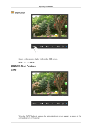 Page 102 Information
Shows a video source, display mode on the OSD screen.
MENU → 
 ,   →MENU
{2243LNX} Direct Functions
AUTO When the AUTO button is pressed, the auto adjustment screen appears as\
 shown in the
animated screen on the center. Adjusting the Monitor 