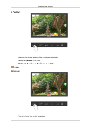 Page 116V-Position
Changes the vertical position of the monitors entire display.
(Available in 
Analog mode only)
MENU →   ,   →   →   ,   →   →   ,   → MENU
 OSD
Language You can choose one of nine languages. Adjusting the Monitor 