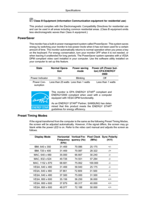 Page 157 Class B Equipment (Information Communication equipment for residential\
 use)
This product complies with the Electromagnetic Compatibility Directives \
for residential use
and can be used in all areas including common residential areas. (Class\
 B equipment emits
less electromagnetic waves than Class A equipment.)
PowerSaver This monitor has a built-in power management system called PowerSaver. T\
his system saves
energy by switching your monitor to low-power mode when it has not been \
used for a...