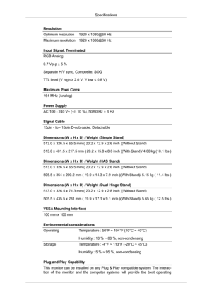 Page 159Resolution
Optimum resolution
1920 x 1080@60 Hz
Maximum resolution 1920 x 1080@60 Hz
Input Signal, Terminated
RGB Analog
0.7 Vp-p ± 5 %
Separate H/V sync, Composite, SOG
TTL level (V high ≥ 2.0 V, V low ≤ 0.8 V)
Maximum Pixel Clock
164 MHz (Analog)
Power Supply
AC 100 - 240 V~ (+/- 10 %), 50/60 Hz ± 3 Hz
Signal Cable
15pin - to - 15pin D-sub cable, Detachable
Dimensions (W x H x D) / Weight (Simple Stand)
513.0 x 326.5 x 65.5 mm ( 20.2 x 12.9 x 2.6 inch )(Without Stand)
513.0 x 401.5 x 217.5 mm ( 20.2 x...