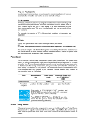 Page 160Plug and Play Capability
conditions and monitor settings. In most cases, the monitor installation\
 will proceed
automatically, unless the user wishes to select alternate settings.
Dot Acceptable
TFT-LCD panels manufactured by using advanced semiconductor technology w\
ith
precision of 1ppm (one millionth) above are used for this product. But\
 the pixels of
RED, GREEN, BLUE and WHITE color appear to be bright sometimes or some
black pixels may be seen. This is not from bad quality and you can use i\
t...