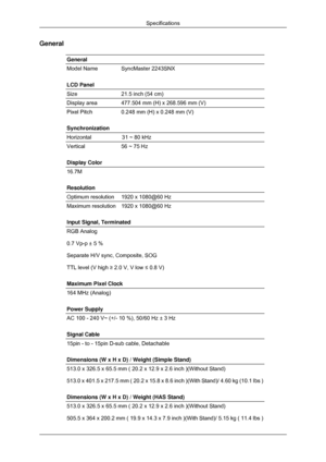 Page 162General
General
Model Name SyncMaster 2243SNX
LCD Panel
Size
21.5 inch (54 cm)
Display area 477.504 mm (H) x 268.596 mm (V)
Pixel Pitch
0.248 mm (H) x 0.248 mm (V)
Synchronization
Horizontal                    31 ~ 80 kHz Vertical
56 ~ 75 Hz
Display Color 16.7M
Resolution
Optimum resolution
1920 x 1080@60 Hz
Maximum resolution 1920 x 1080@60 Hz
Input Signal, Terminated
RGB Analog
0.7 Vp-p ± 5 %
Separate H/V sync, Composite, SOG
TTL level (V high ≥ 2.0 V, V low ≤ 0.8 V)
Maximum Pixel Clock
164 MHz...