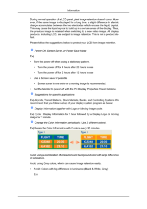 Page 170During normal operation of a LCD panel, pixel image retention doesnt oc\
cur. How-
ever, if the same image is displayed for a long time, a slight differenc\
e in electric
charge accumulates between the two electrodes which encase the liquid cr\
ystal.
This may cause the liquid crystal to build up in a certain areas of the \
display. Thus,
the previous image is retained when switching to a new video image. All \
display
products, including LCD, are subject to image retention. This is not a p\
roduct de-...