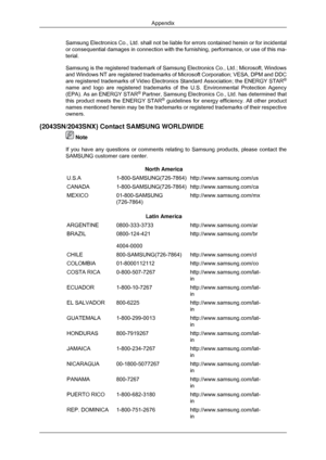 Page 189Samsung Electronics Co., Ltd. shall not be liable for errors contained h\
erein or for incidental
or consequential damages in connection with the furnishing, performance,\
 or use of this ma-
terial.
Samsung is the registered trademark of Samsung Electronics Co., Ltd.; Mi\
crosoft, Windows
and Windows NT are registered trademarks of Microsoft Corporation; VESA,\
 DPM and DDC
are registered trademarks of Video Electronics Standard Association; the\
 ENERGY STAR
®
name and logo are registered trademarks of...