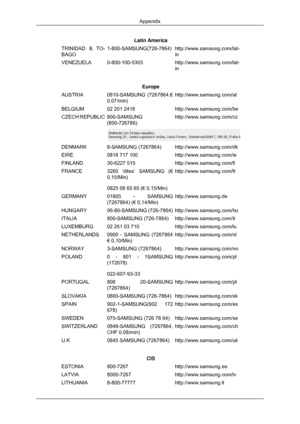 Page 190Latin America
TRINIDAD & TO-
BAGO 1-800-SAMSUNG(726-7864) http://www.samsung.com/lat-
in
VENEZUELA 0-800-100-5303 http://www.samsung.com/lat-
in
Europe
AUSTRIA 0810-SAMSUNG (7267864,€
0.07/min) http://www.samsung.com/at
BELGIUM 02 201 2418 http://www.samsung.com/be
CZECH REPUBLIC 800-SAMSUNG
(800-726786) http://www.samsung.com/cz
DENMARK 8-SAMSUNG (7267864) http://www.samsung.com/dk
EIRE 0818 717 100 http://www.samsung.com/ie
FINLAND 30-6227 515 http://www.samsung.com/fi
FRANCE 3260 ‘dites’ SAMSUNG (€...