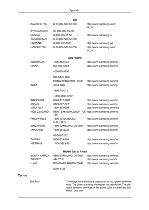 Page 191CIS
KAZAKHSTAN 8-10-800-500-55-500 http://www.samsung.com/ kz_ru
KYRGYZSTAN 00-800-500-55-500  
RUSSIA 8-800-555-55-55 http://www.samsung.ru
TADJIKISTAN 8-10-800-500-55-500  
UKRAINE 8-800-502-0000 http://www.samsung.ua
UZBEKISTAN 8-10-800-500-55-500 http://www.samsung.com/ kz_ru
Asia Pacific
AUSTRALIA 1300 362 603 http://www.samsung.com/au
CHINA 800-810-5858
400-810-5858
010-6475 1880 http://www.samsung.com/cn
HONG KONG:3698 - 4698 http://www.samsung.com/hk
INDIA 3030 8282
1800 110011
1-800-3000-8282...