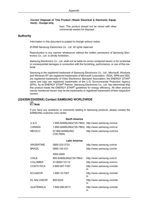 Page 193Correct Disposal of This Product (Waste Electrical & Electronic Equip-
ment) - Europe only
tract. This product should not be mixed with other
commercial wastes for disposal.
Authority Information in this document is subject to change without notice.
© 2008 Samsung Electronics Co., Ltd. All rights reserved.
Reproduction in any manner whatsoever without the written permission of \
Samsung Elec-
tronics Co., Ltd. is strictly forbidden.
Samsung Electronics Co., Ltd. shall not be liable for errors contained...