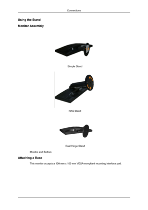 Page 25Using the Stand
Monitor Assembly
Simple Stand
HAS Stand
 
                                 Dual Hinge Stand  
Monitor and Bottom
Attaching a Base This monitor accepts a 100 mm x 100 mm VESA-compliant mounting interface\
 pad. Connections 